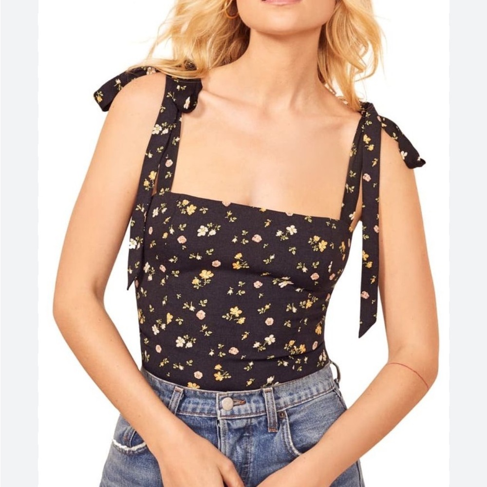 Reformation Ellora Ditsy Dainty Floral Tie Smocked Back Tank Top Blouse 0 XS